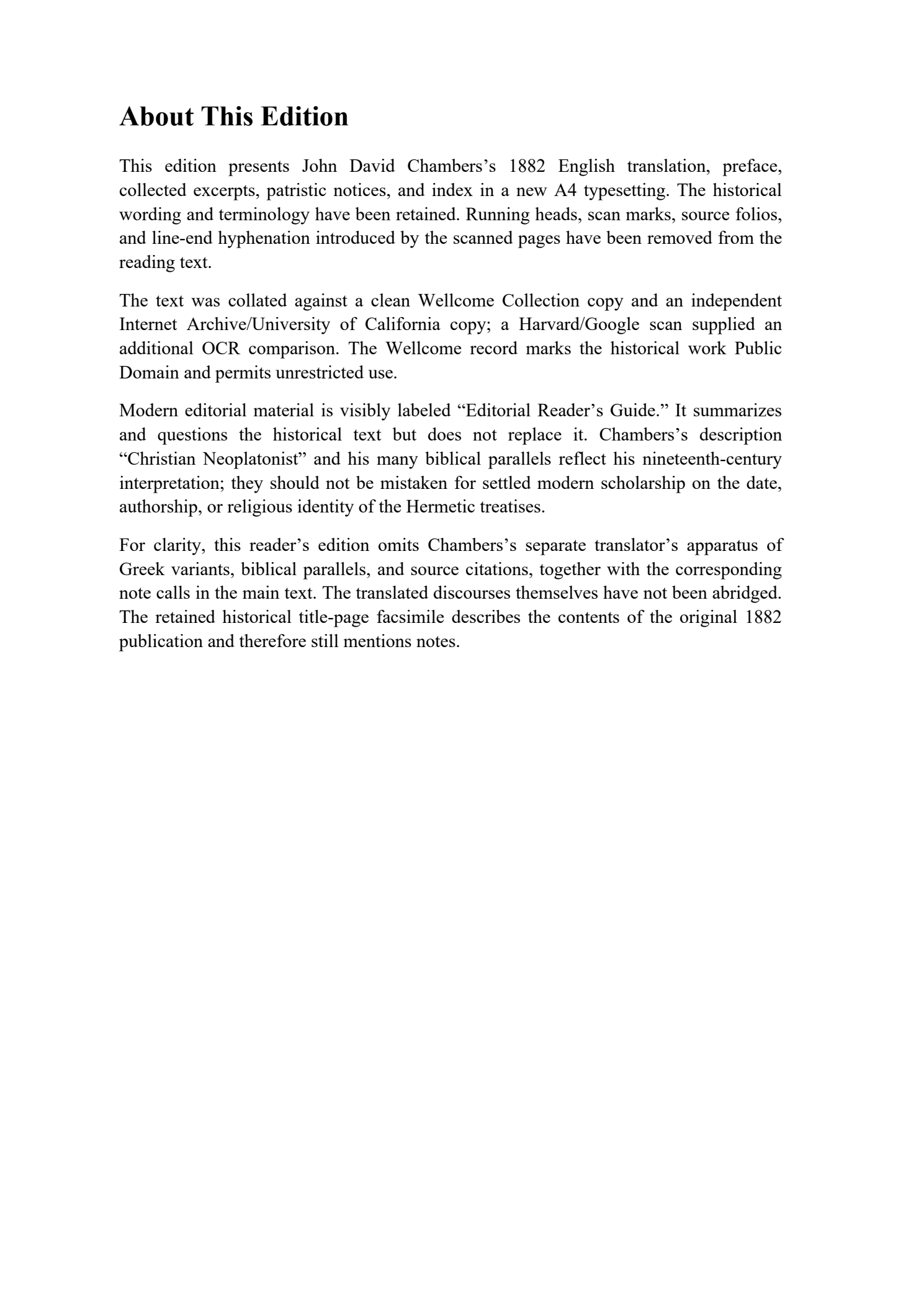 About this edition page from The Theological and Philosophical Works of Hermes Trismegistus