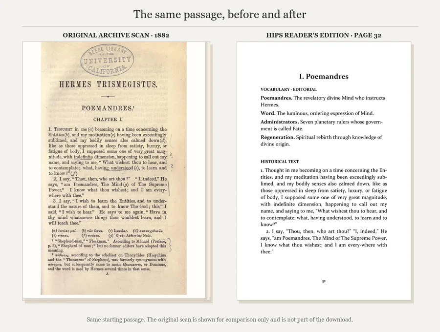 The same Poemandres opening: original 1882 archive scan and page 32 of the HIPS reader’s edition.
