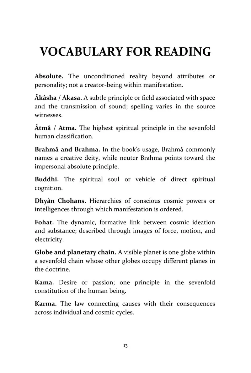 Page 13 of The Secret Doctrine, Volume I: Cosmogenesis: Vocabulary before reading