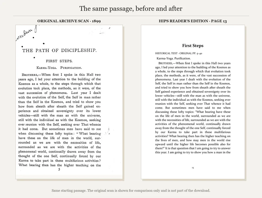 The same First Steps opening: original 1899 archive scan and page 13 of the HIPS reader’s edition.