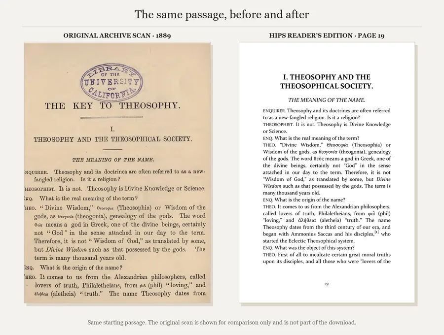 The same Section I opening: original 1889 archive scan and page 19 of the HIPS reader’s edition.
