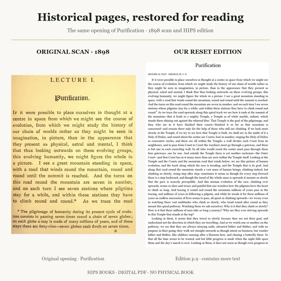 One example from the bundle: the same opening of Purification in the 1898 scan and HIPS edition page 9.