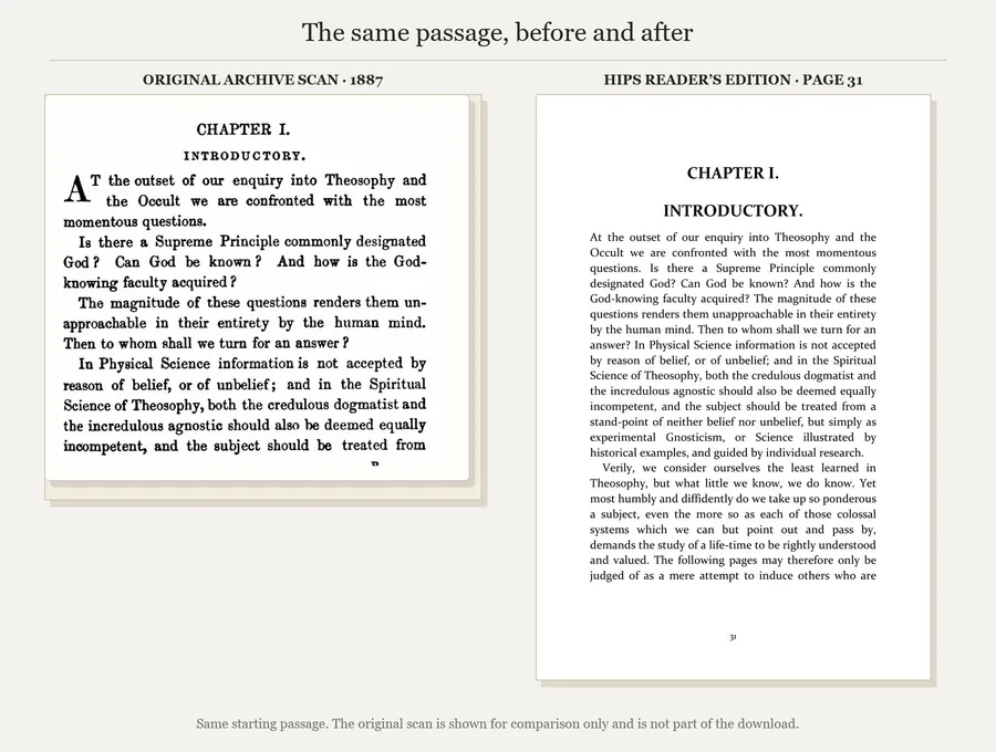 The same Chapter I opening: original 1887 archive scan and page 31 of the HIPS reader’s edition.