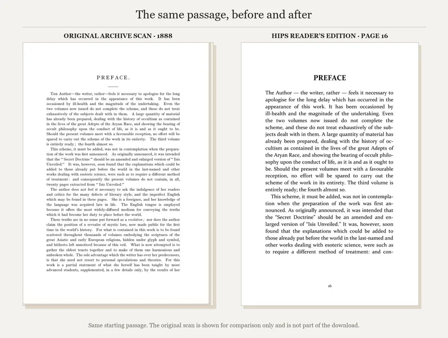 The same Preface opening: original 1888 archive scan and page 16 of the HIPS reader’s edition.