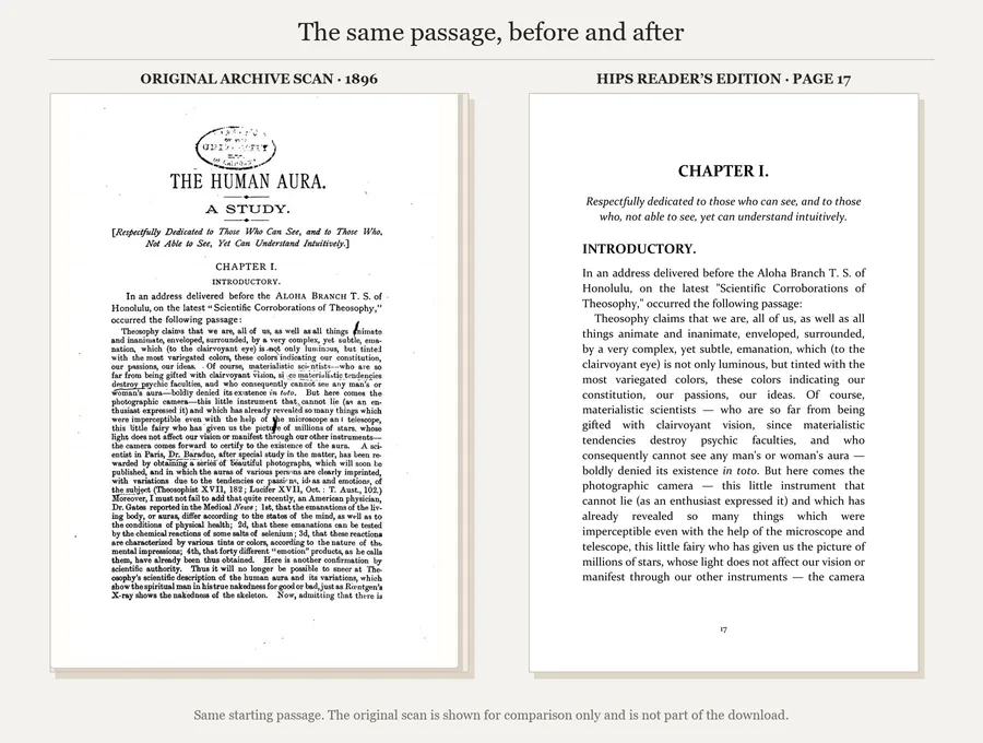 The same Chapter I opening: original 1896 archive scan and page 17 of the HIPS reader’s edition.