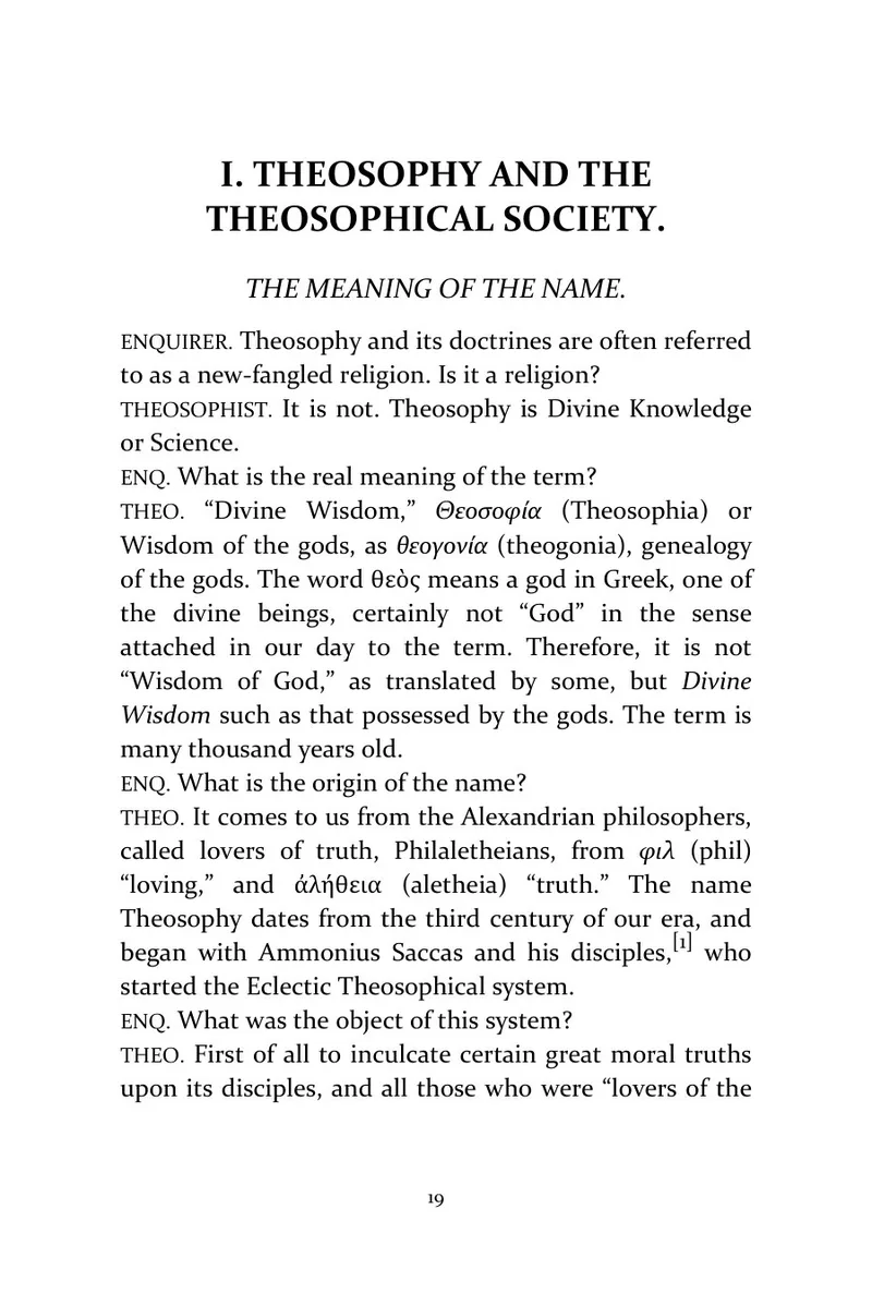 Page 19 of The Key to Theosophy: Historical text: Section I opening