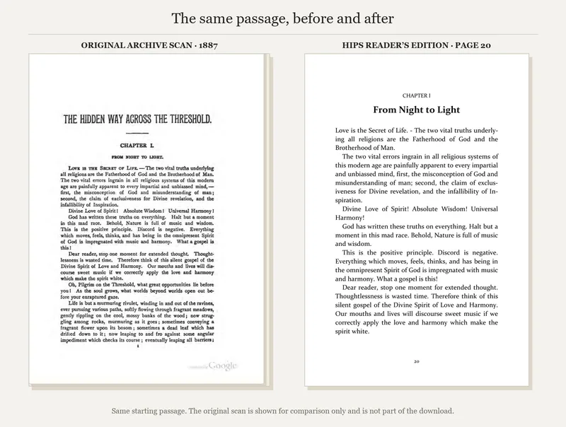 The Hidden Way Across the Threshold: The same Chapter I opening: original 1887 archive scan and page 20 of the HIPS reader’s edition.