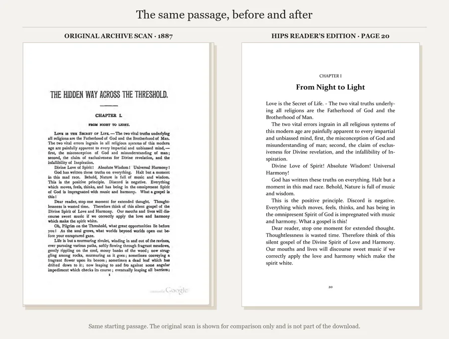 One example from the bundle: The Hidden Way, Chapter I, in the 1887 scan and page 20 of the HIPS edition.