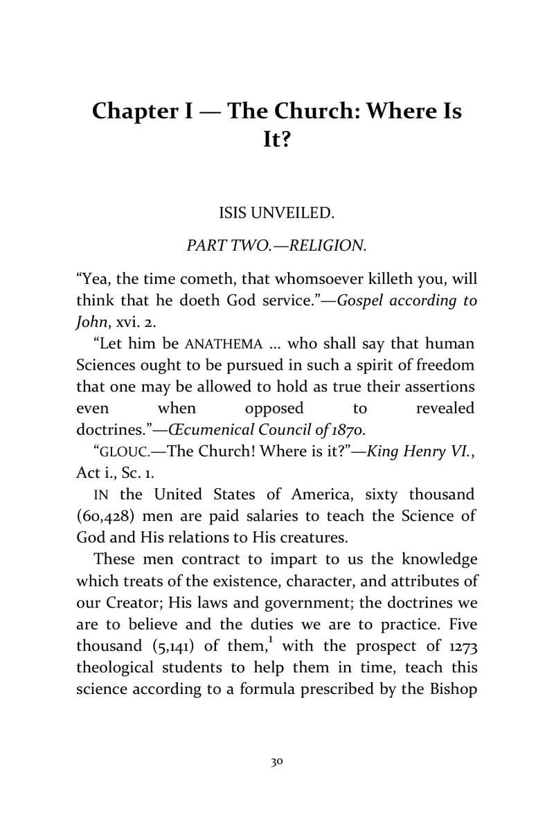 Page 30 of Isis Unveiled, Volume II: Theology: Historical text: Chapter I opening