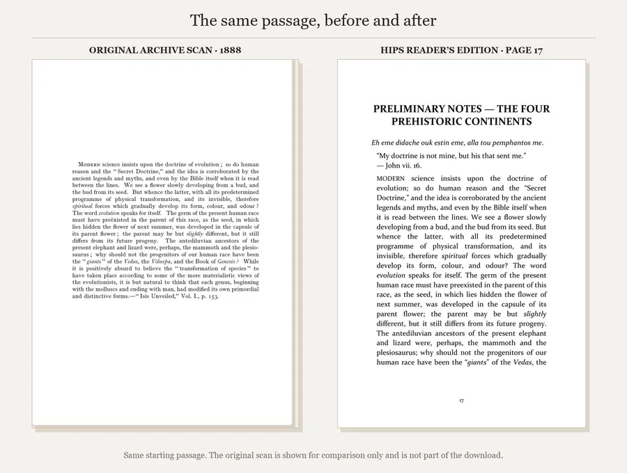 The same Preliminary Notes opening: original 1888 archive scan and page 17 of the HIPS reader’s edition.