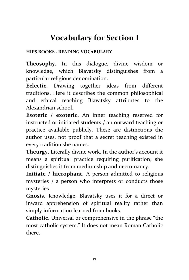 Page 17 of The Key to Theosophy: Vocabulary before reading