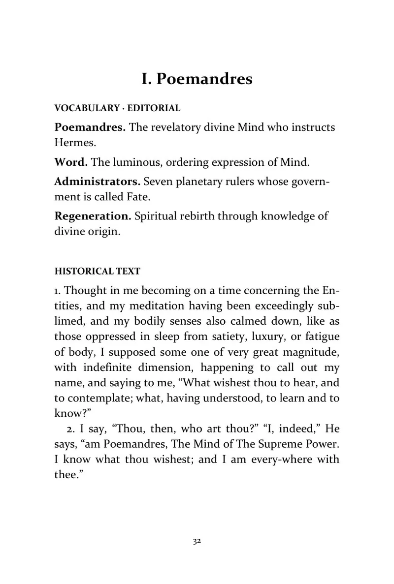 Page 32 of The Theological and Philosophical Works of Hermes Trismegistus: Vocabulary and the Poemandres opening