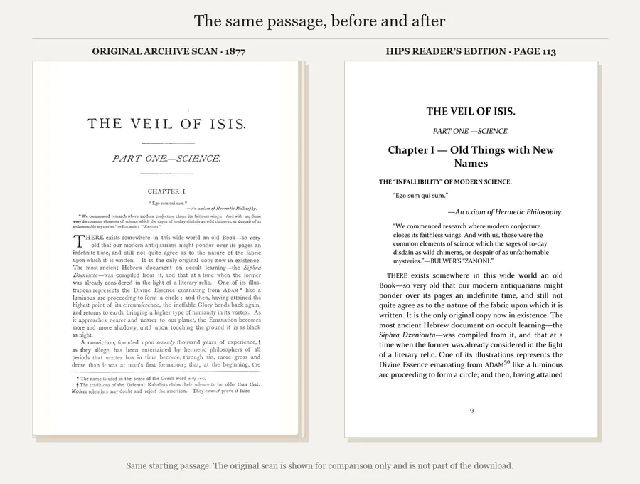 One example from the collection: Isis Unveiled I, Chapter I, in the 1877 scan and page 113 of the HIPS edition.