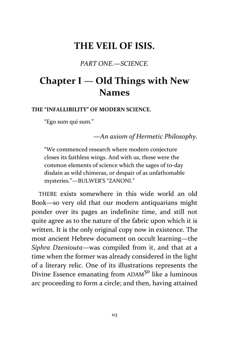 Page 113 of Isis Unveiled, Volume I: Science: Historical text: Chapter I opening