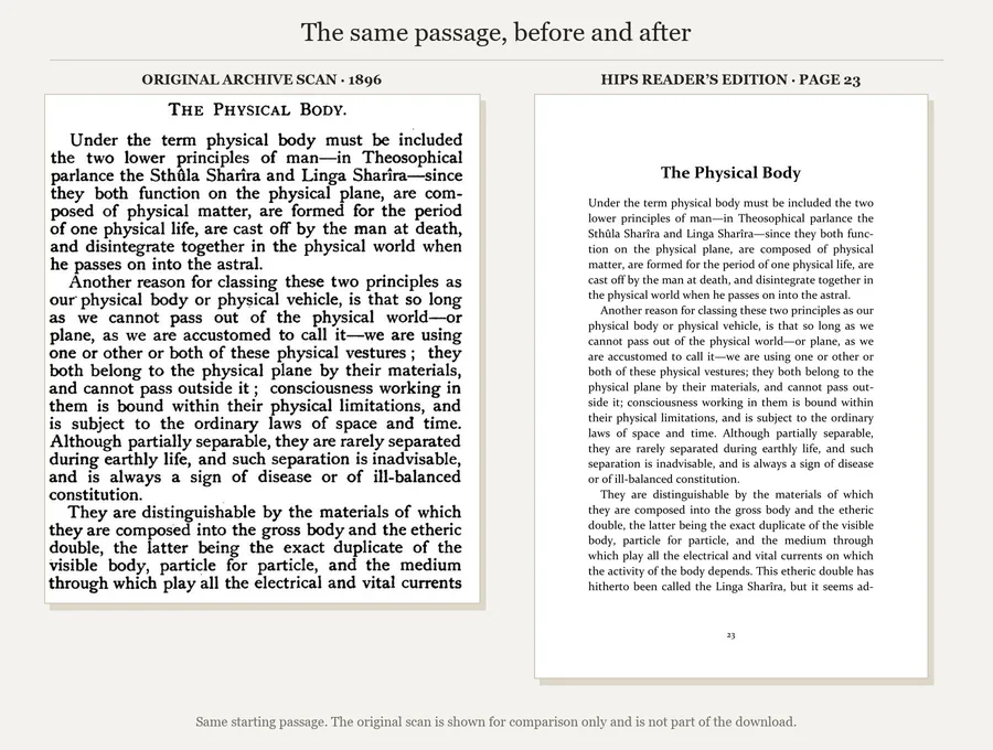 The same opening of The Physical Body: original 1896 archive scan and page 23 of the HIPS reader’s edition.