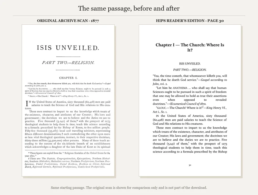 The same Chapter I opening: original 1877 archive scan and page 30 of the HIPS reader’s edition.